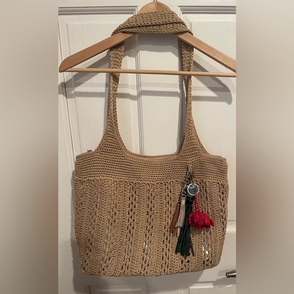 The Sak Hand Crocheted Crafted Classic Bamboo Gold Tote Bag in Tan